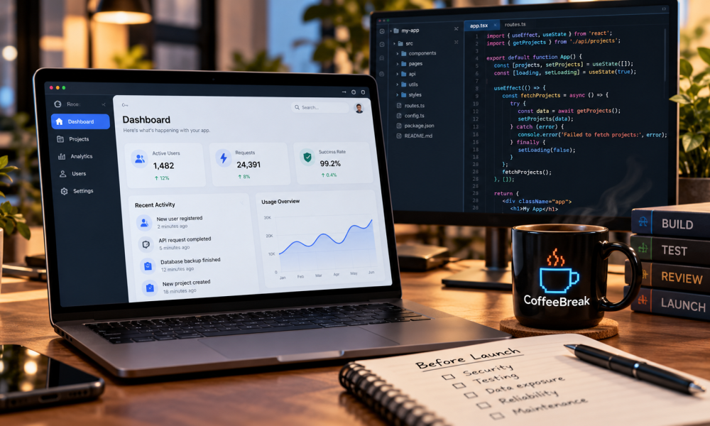 Developer workspace with a laptop displaying an app dashboard, a monitor showing code, a CoffeeBreak mug, and a pre-launch checklist.