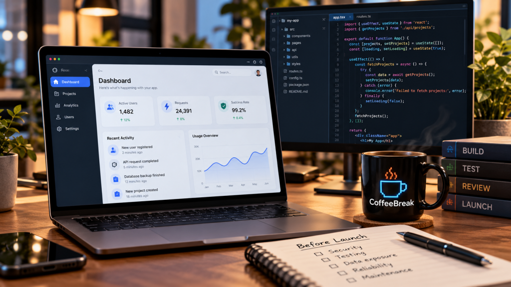 Developer workspace with a laptop displaying an app dashboard, a monitor showing code, a CoffeeBreak mug, and a pre-launch checklist.